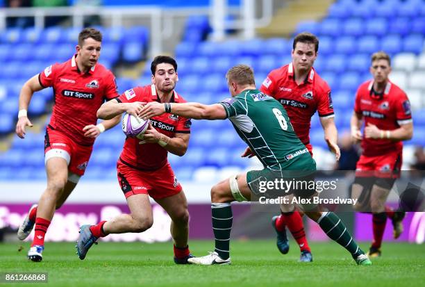 Sam Hidalgo-Clyne of Edinburgh is tackled by Max Northcote-Green of London Irish during the European Rugby Challenge Cup match between London Irish...