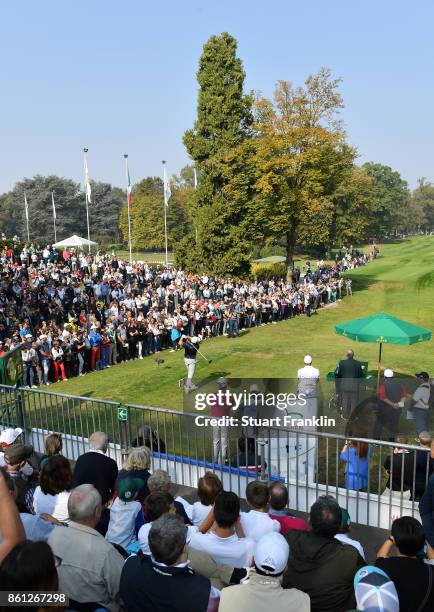 Tyrrell Hatton of England plays a shot during the third round of the Italian Open at Golf Club Milano - Parco Reale di Monza on October 14, 2017 in...