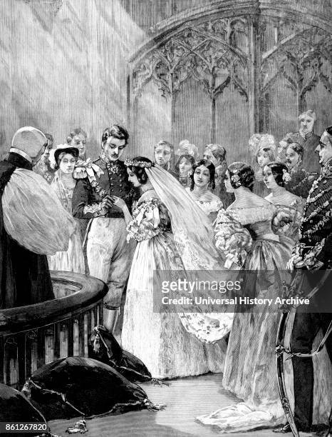 Engraving depicting the marriage of Queen Victoria and Prince Albert . Dated 19th Century.