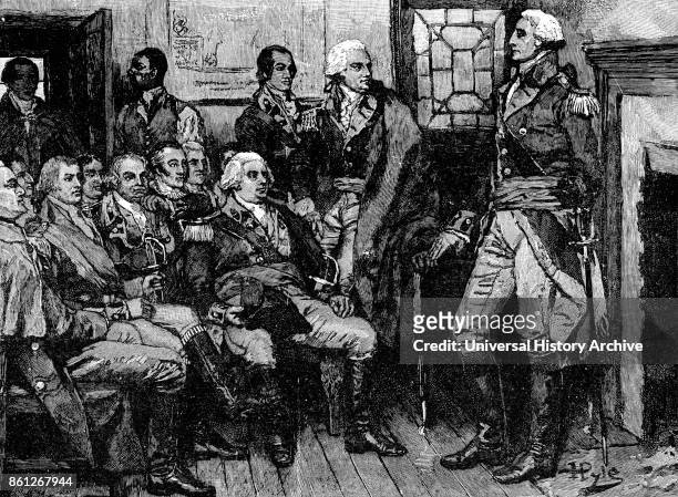 Engraving depicting George Washington an American politician, soldier and the first President of the United States, meeting with his generals. Dated...