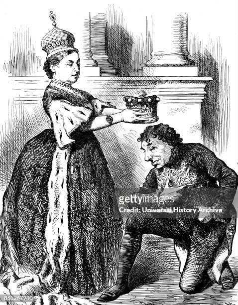 Engraving depicting Queen Victoria presenting Benjamin Disraeli with an Earl's coronet. Dated 19th Century.