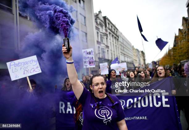 Protestors take part in the Rally for Choice march on October 14, 2017 in Belfast, Northern Ireland. The pro choice marchers are demanding equal...