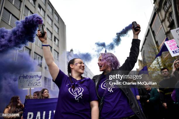 Protestors take part in the Rally for Choice march on October 14, 2017 in Belfast, Northern Ireland. The pro choice marchers are demanding equal...