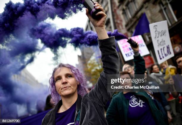 Protestors take part in the Rally for Choice march on October 14, 2017 in Belfast, Northern Ireland. The pro choice marchers are demanding equal...