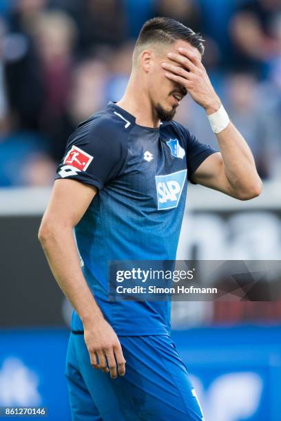 Sandro Wagner of Hoffenheim reacts during the Bundesliga match between TSG 1899 Hoffenheim and FC Augsburg at Wirsol Rhein-Neckar-Arena on October...