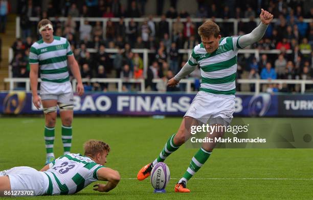 Toby Flood of Newcastle Falcons kicks a penalty in second half during the European Rugby Challenge Cup match between Newcastle Falcons and Dragons at...