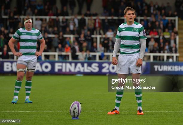 Toby Flood of Newcastle Falcons prepares to kick a penalty in second half during the European Rugby Challenge Cup match between Newcastle Falcons and...