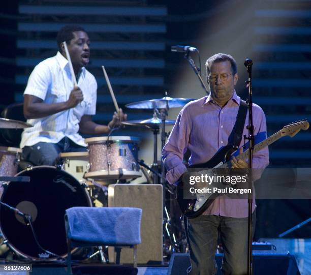 Photo of Steve JORDAN and Eric CLAPTON, L-R: Steve Jordan, Eric Clapton performing live onstage