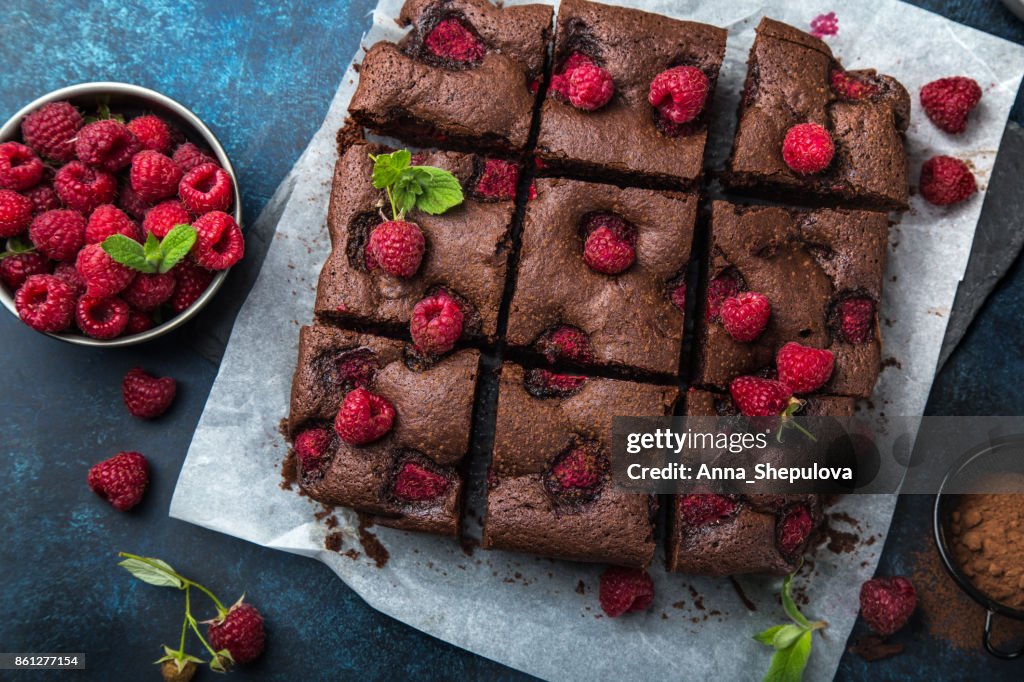Raspberry brownies  on blue background