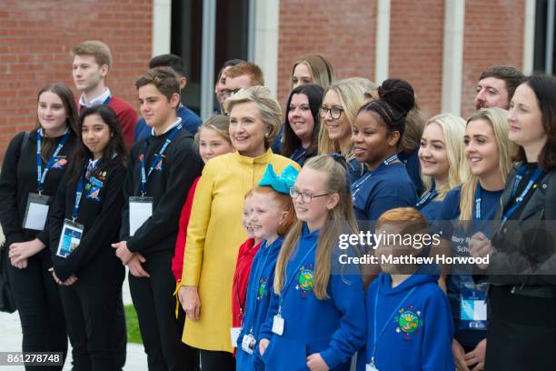 Hillary Clinton meets schoolchildren from Swansea and Narberth at Swansea University where she was given a Honorary Doctorate of Laws at Swansea...