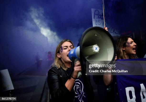 Protestors take part in the Rally for Choice march on October 14, 2017 in Belfast, Northern Ireland. The pro choice marchers are demanding equal...