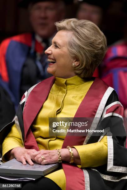 Hillary Clinton during a ceremony where she was given a Honorary Doctorate of Laws at Swansea University on October 14, 2017 in Swansea, Wales. The...