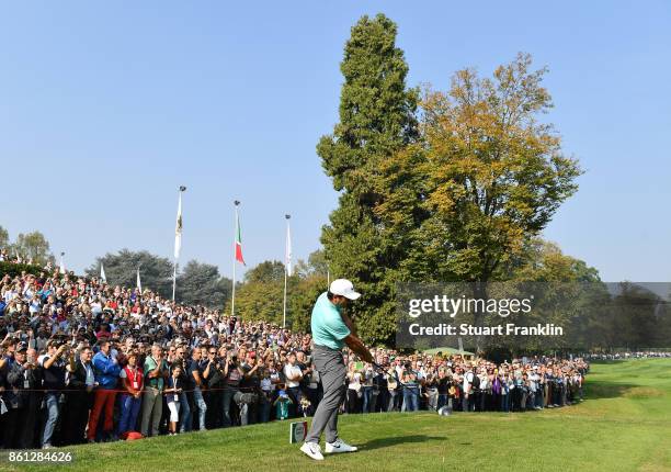 Francesco Molinari of Italy plays a shot during the third round of the Italian Open at Golf Club Milano - Parco Reale di Monza on October 14, 2017 in...