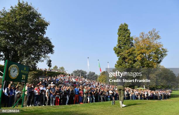 Eddie Pepperell of England plays a shot during the third round of the Italian Open at Golf Club Milano - Parco Reale di Monza on October 14, 2017 in...