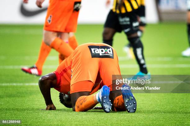 Taye Taiwo of Athletic FC Eskilstuna looks dejected after his team's defeat in the Allsvenskan match between BK Hacken and Athletic FC Eskilstuna at...