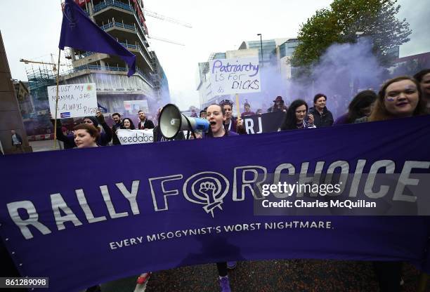 Protestors take part in the Rally for Choice march on October 14, 2017 in Belfast, Northern Ireland. The pro choice marchers are demanding equal...