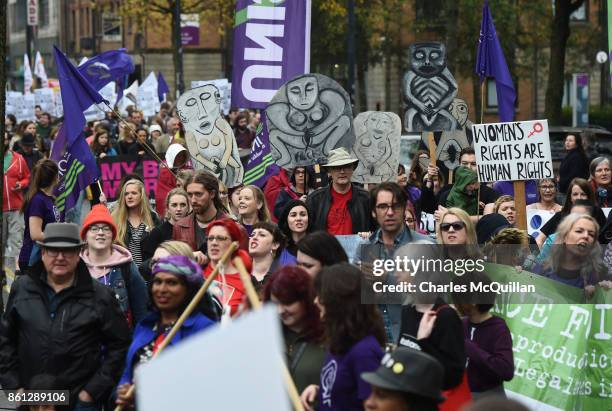 Protestors take part in the Rally for Choice march on October 14, 2017 in Belfast, Northern Ireland. The pro choice marchers are demanding equal...