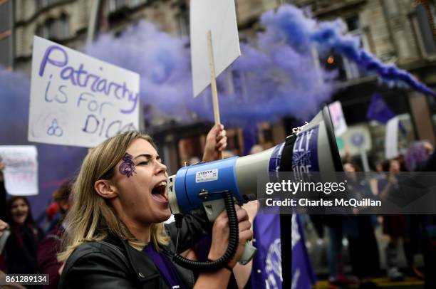 Protestors take part in the Rally for Choice march on October 14, 2017 in Belfast, Northern Ireland. The pro choice marchers are demanding equal...