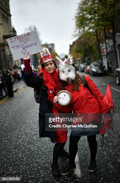 Protestors take part in the Rally for Choice march on October 14, 2017 in Belfast, Northern Ireland. The pro choice marchers are demanding equal...