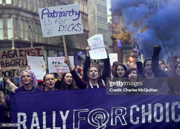 Protestors take part in the Rally for Choice march on October 14, 2017 in Belfast, Northern Ireland. The pro choice marchers are demanding equal...