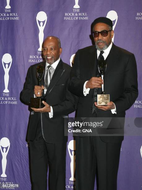 Photo of Kenneth GAMBLE and Leon HUFF, Songwriters Leon Huff and Kenneth Gamble in the press room after their induction in to the Rock and Roll Hall...