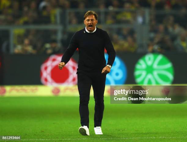 Leipzig Head Coach / Manager, Ralph Hasenhuttl celebrates his team scoring their second goal of the game during the Bundesliga match between Borussia...