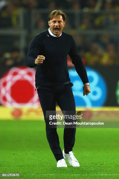 Leipzig Head Coach / Manager, Ralph Hasenhuttl celebrates his team scoring their second goal of the game during the Bundesliga match between Borussia...
