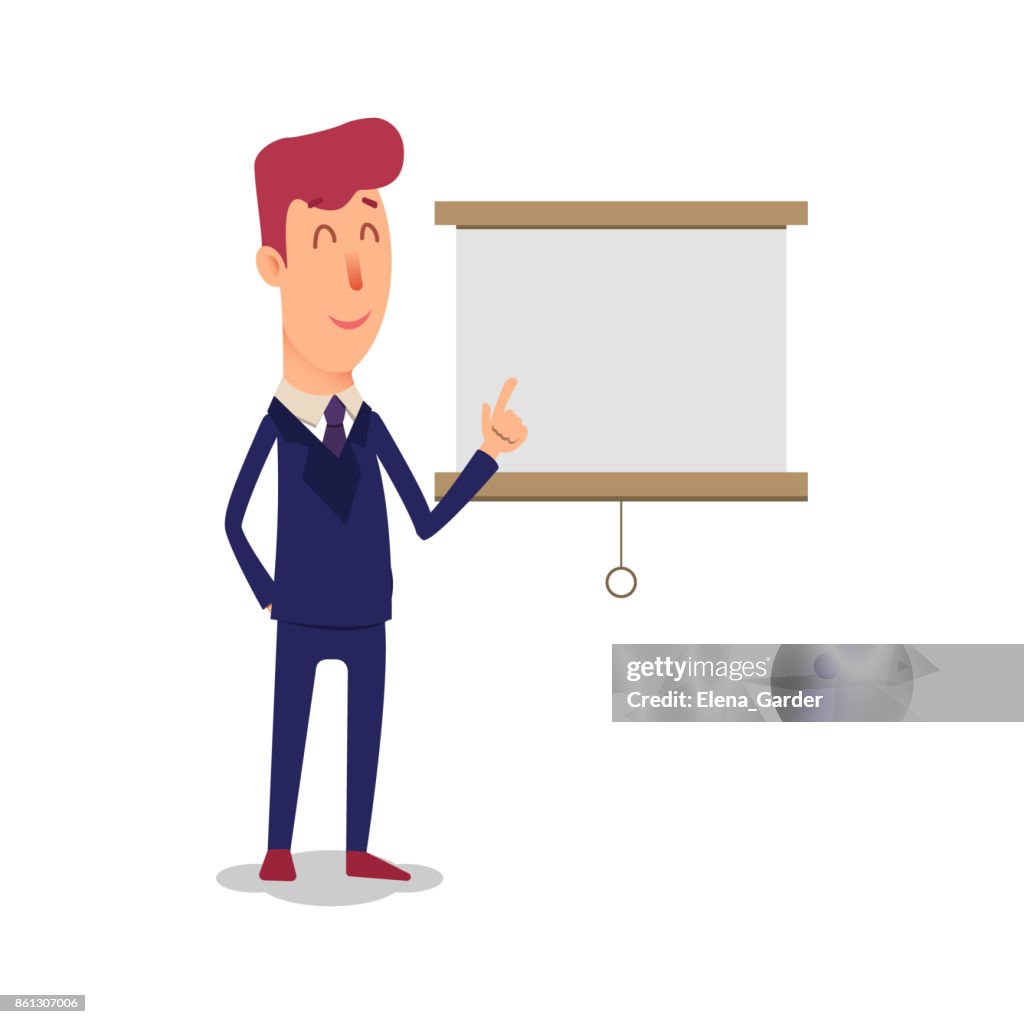 Business Man Character Points To The Board Cartoon Successful Businesman In  Suit Shows The Presentation Young Office Manager In Flat Style Shows A New  Project Professional Salesman On A White Background Big