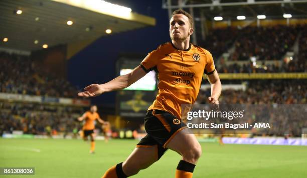 Diogo Jota of Wolverhampton Wanderers celebrates after scoring a goal to make it 1-0 during the Sky Bet Championship match between Wolverhampton and...