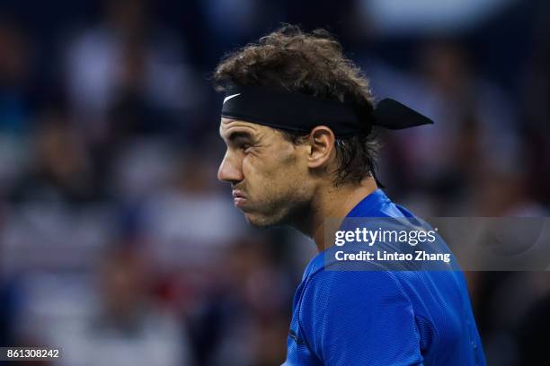 Rafael Nadal of Spain reacts after losing the point during the Men's singles Semifinal mach against Marin Cilic of Coratia on day seven of 2017 ATP...