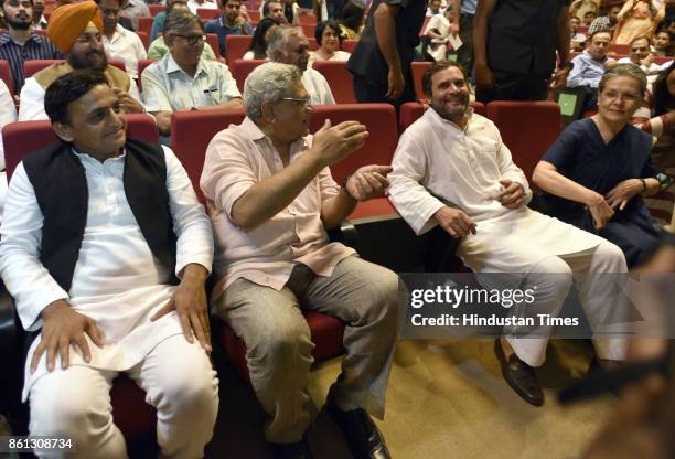 Former UP Chief Minister Akhilesh Yadav , CPI leader Sitaram Yechury , Congress Vice President Rahul Gandhi , and Congress President Sonia Gandhi,...