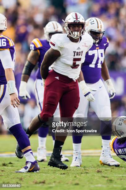 Troy Trojans line backer Sam Lebbie celebrates during a game between the LSU Tigers and Troy Trojans at Tiger Stadium in Baton Rouge, Louisiana on...