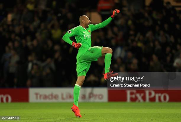 Heurelho Gomes of Watford celebrates as Troy Deeney of Watford scores their first and equalising goal from the penalty spot during the Premier League...