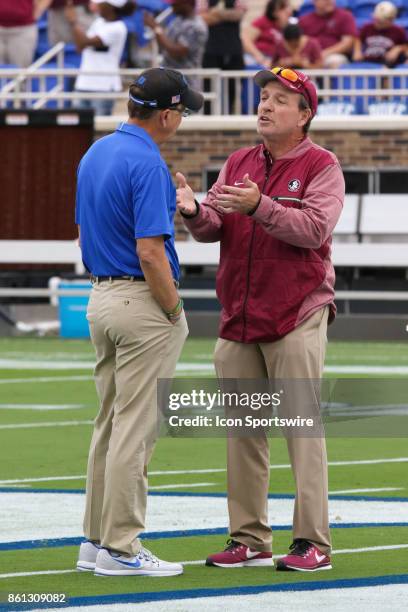 Duke Blue Devils head coach David Cutcliffe and Florida State Seminoles head coach Jimbo Fisher talk prior to the game on October 14, 2017 at Wallace...