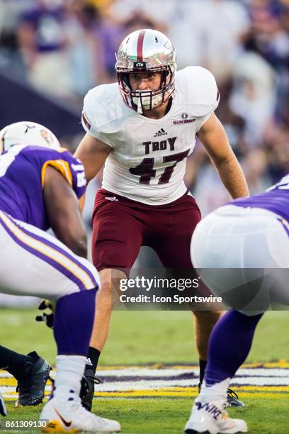 Troy Trojans line backer Hunter Reese during a game between the LSU Tigers and Troy Trojans at Tiger Stadium in Baton Rouge, Louisiana on September...