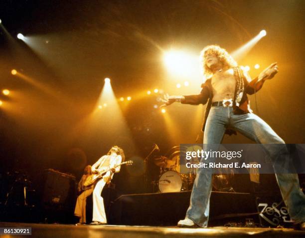 Photo of LED ZEPPELIN and John Paul JONES and Jimmy PAGE and Robert PLANT, L-R John Paul Jones, Jimmy Page and Robert Plant performing on stage