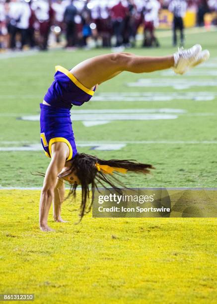 Tigers cheerleaders entertain the crowd during a football game between the LSU Tigers and Troy Trojans at Tiger Stadium in Baton Rouge, Louisiana on...