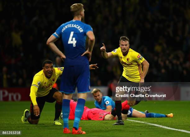 Tom Cleverley of Watford celebrates as he scores their second goal during the Premier League match between Watford and Arsenal at Vicarage Road on...