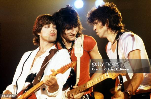 Photo of ROLLING STONES and Mick JAGGER and Ron WOOD and Keith RICHARDS; L-R Mick Jagger, Ron Wood and Keith Richards performing on stage at the...