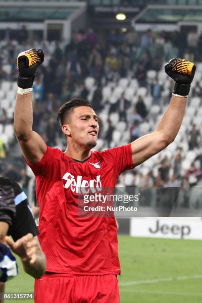 Lazio goalkeeper Thomas Strakosha celebrates victory after the Serie A football match n.8 JUVENTUS - LAZIO on at the Allianz Stadium in Turin, Italy.