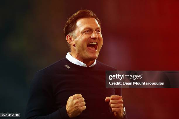 Leipzig Head Coach / Manager, Ralph Hasenhuttl celebrates victory with the fans after the Bundesliga match between Borussia Dortmund and RB Leipzig...