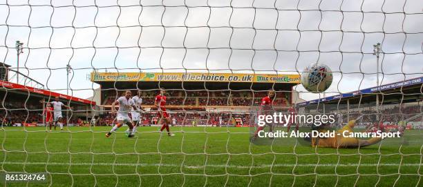 Blackpool's Viv Solomon-Otabor scores his side's first goal during the Sky Bet League One match between Walsall and Blackpool at Banks' Stadium on...