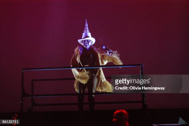 Photo of Grace JONES, Grace Jones performing on stage as part of the Meltdown Festival, costume