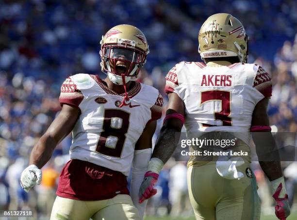 Nyqwan Murray of the Florida State Seminoles reacts after his teammate Cam Akers scores a touchdown against the Duke Blue Devils during their game at...