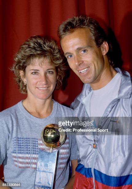 Chris Evert-Lloyd of USA poses with the trophy after defeating Manuela Maleeva of Bulgaria to win the Pretty Polly Classic tennis tournament at the...