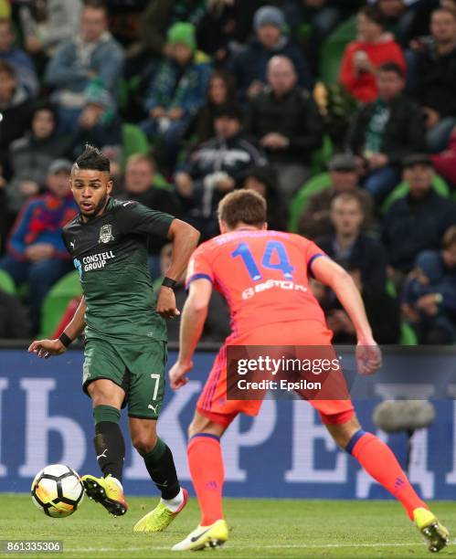 Wanderson of FC Krasnodar is challenged by Kirill Nababkin of FC CSKA Moscow during the Russian Premier League match between FC Krasnodar v FC CSKA...