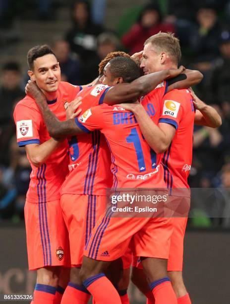 Players of FC CSKA Moscow celebrates after scoring a goal during the Russian Premier League match between FC Krasnodar v FC CSKA Moscow at the...
