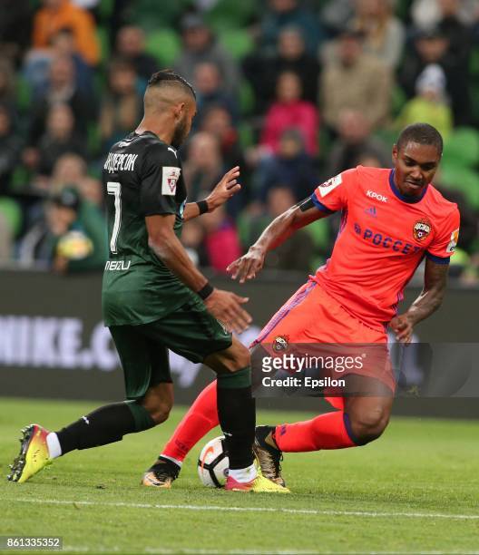 Wanderson of FC Krasnodar is challenged by Vitinho of FC CSKA Moscow during the Russian Premier League match between FC Krasnodar v FC CSKA Moscow at...