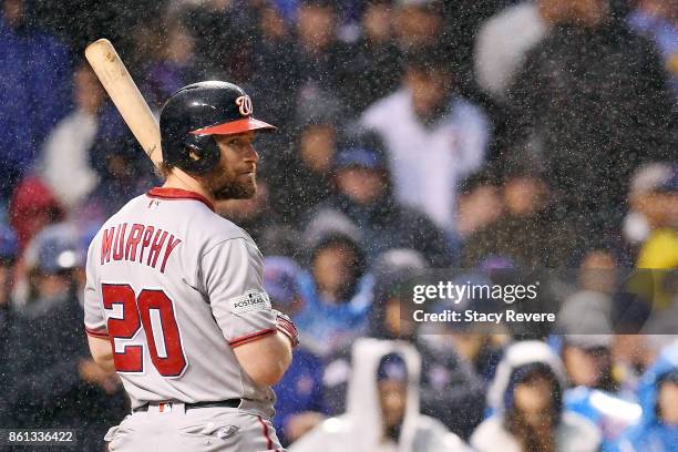 Daniel Murphy of the Washington Nationals at bat during game four of the National League Division Series against the Chicago Cubs at Wrigley Field on...