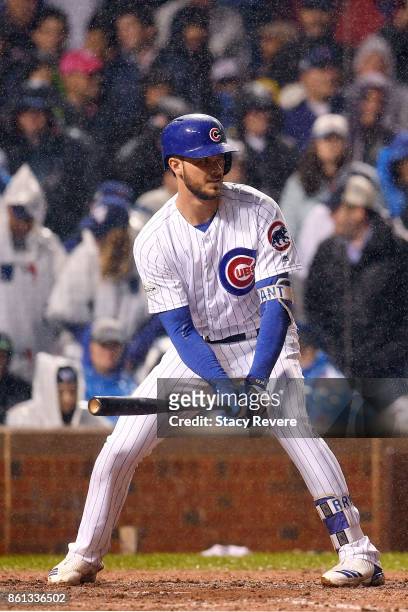 Kris Bryant of the Chicago Cubs at bat during game four of the National League Division Series against the Washington Nationals at Wrigley Field on...